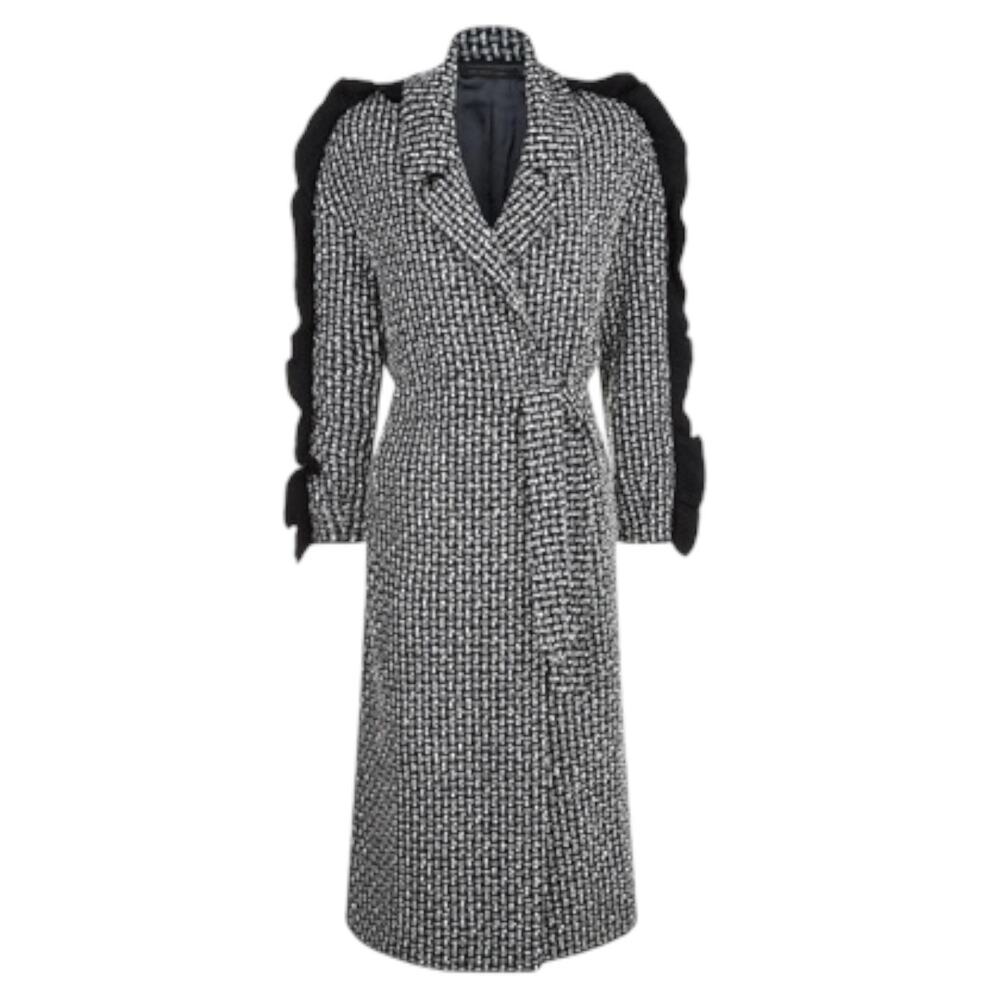 Mother of Pearl Bexley Tweed Ruffle Sleeve Belt Wool Coat Navy Size M